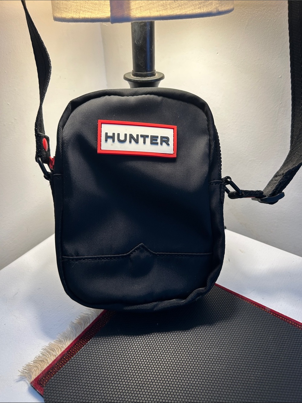 Hunter Black Crossbody Pouch with Red-Trim Logo